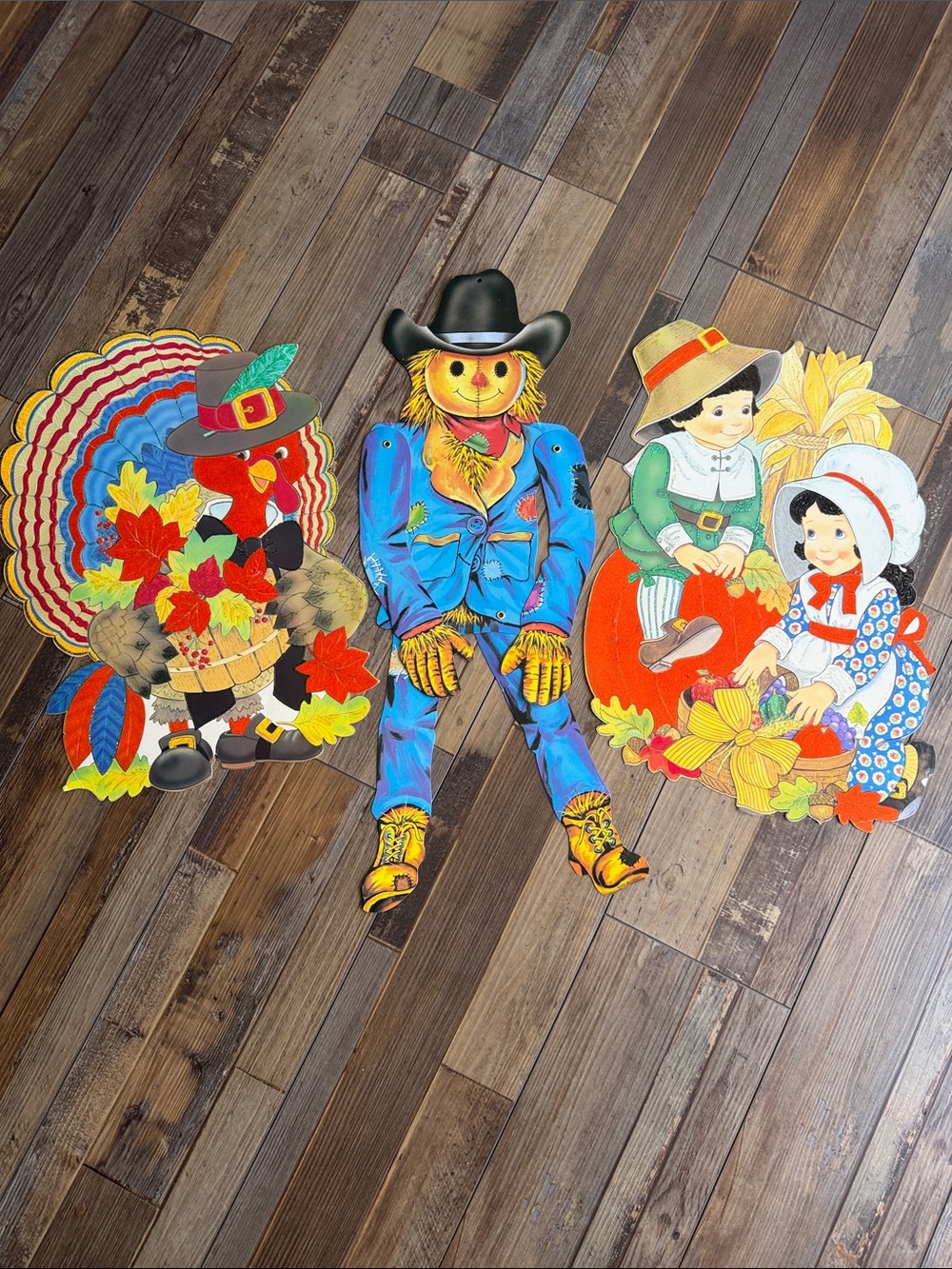 Vintage Retro Fall (Pilgrims, Turkey and Scarecrow) Cardstock Decorations